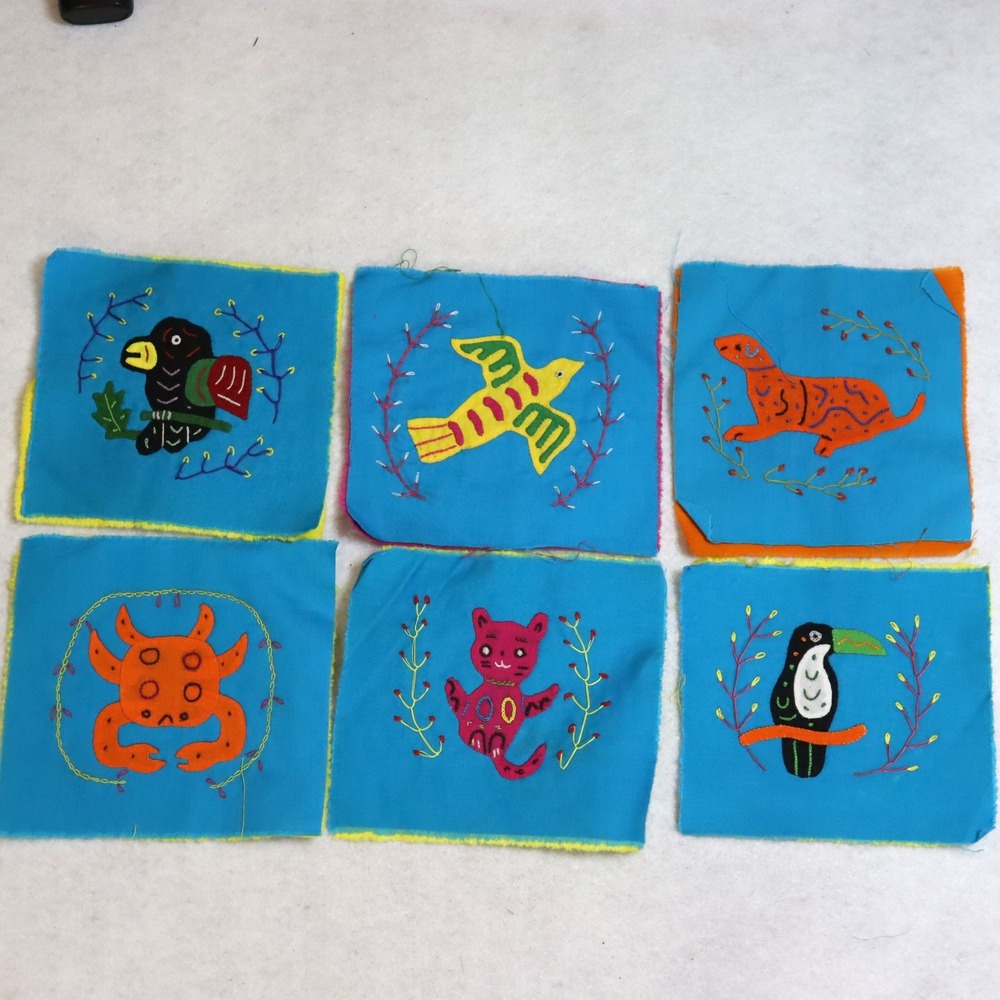 6- 5x5" Embroidered‎ Animal Mola Fabric Squares Set Blue Unisex Folk Art Craft